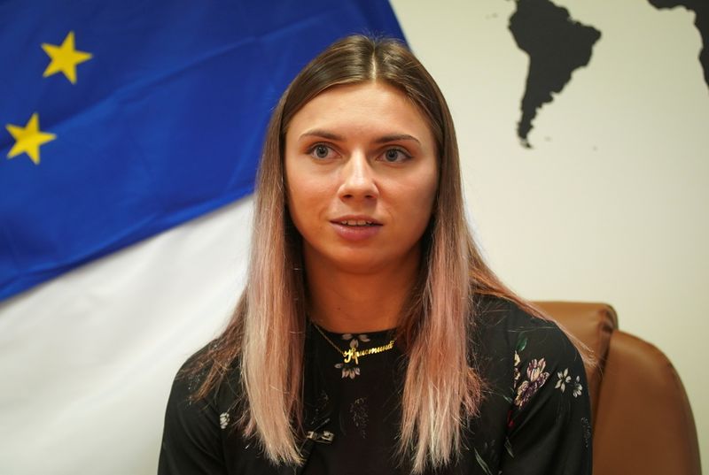 Belarusian sprinter Krystsina Tsimanouskaya attends an interview with Reuters in
