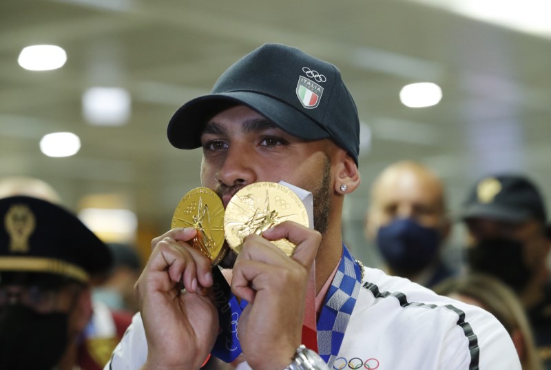 Italy’s 100m Olympic Gold Medallist Lamont Marcell Jacobs returns home