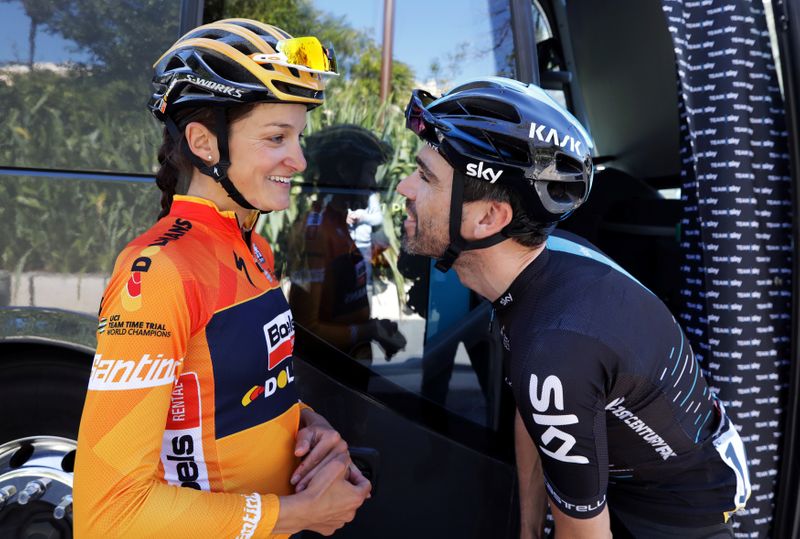 FILE PHOTO: British cyclist Lizzie Armitstead-Deignan talks with her husband