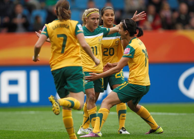 FILE PHOTO: Players of Australia celebrate a goal against of