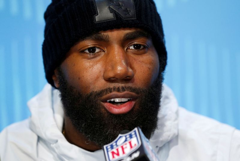 FILE PHOTO: Malcolm Jenkins speaks to reporters during Super Bowl