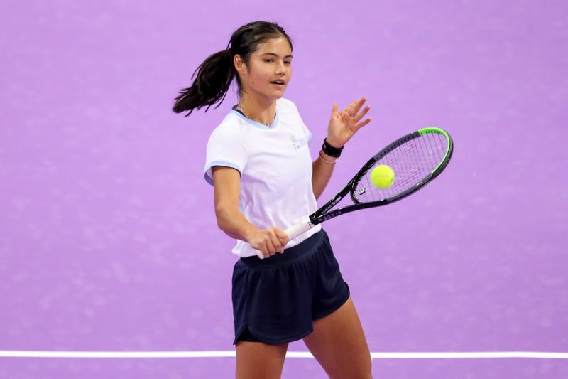 FILE PHOTO: British tennis player Emma Raducanu trains during the