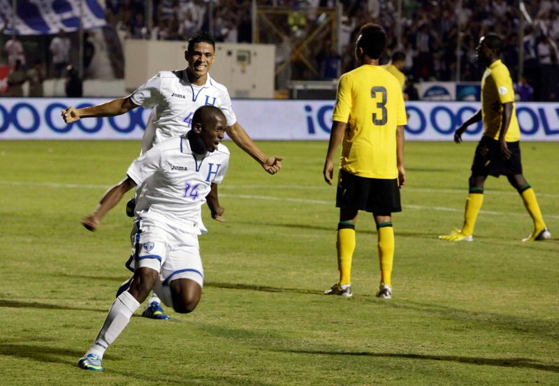 Honduras’ Oscar Boniek Garcia celebrates his goal against Jamaica during
