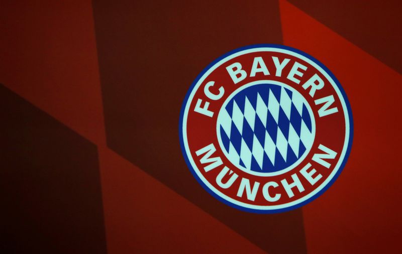 Logo of Bayern Munich is seen during news conference in