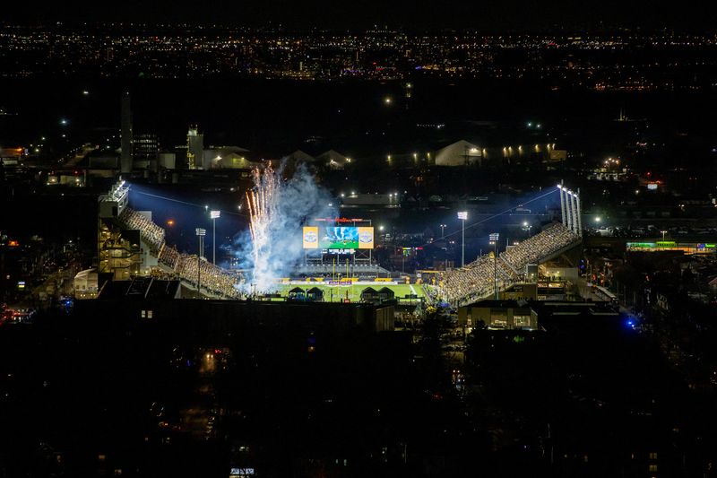 Fireworks go off at Tim Hortons Field before the CFL