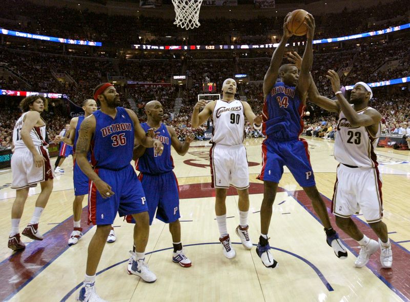 Pistons’ Webber pulls down a rebound during second quarter in