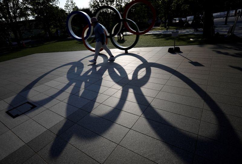 FILE PHOTO: Olympic Rings monument outside the Japan Olympic Committee