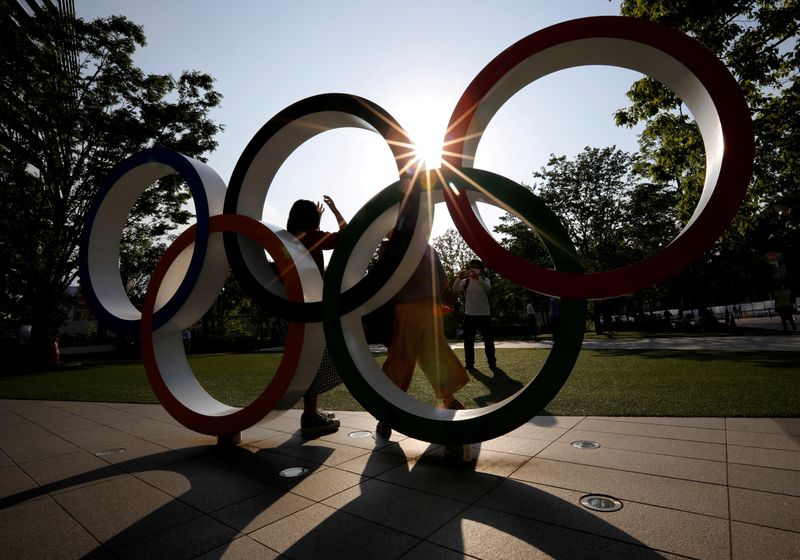 FILE PHOTO: Olympic Rings monument outside the Japan Olympic Committee