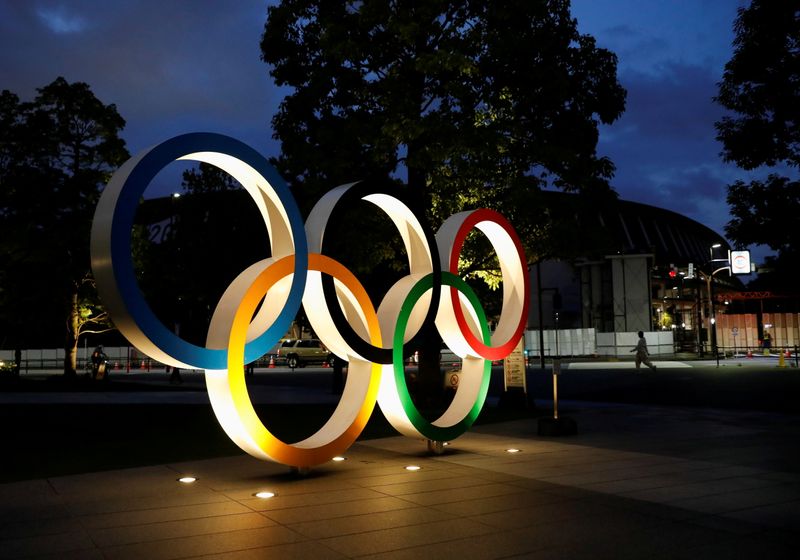 The Olympic Rings monument is seen in Tokyo