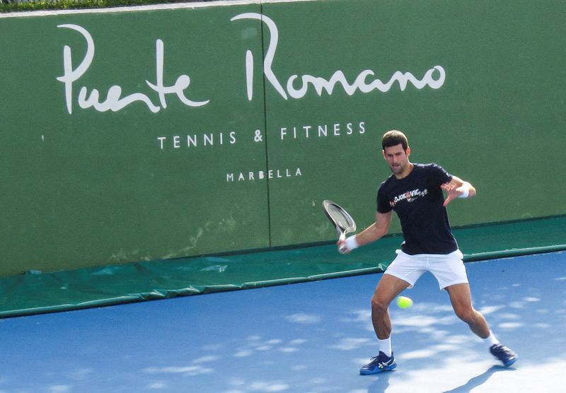FILE PHOTO: Djokovic training at Puente Romano Tennis Club in