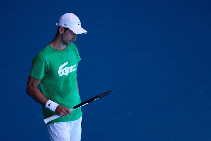 Serbian tennis player Novak Djokovic practices at Melbourne Park as