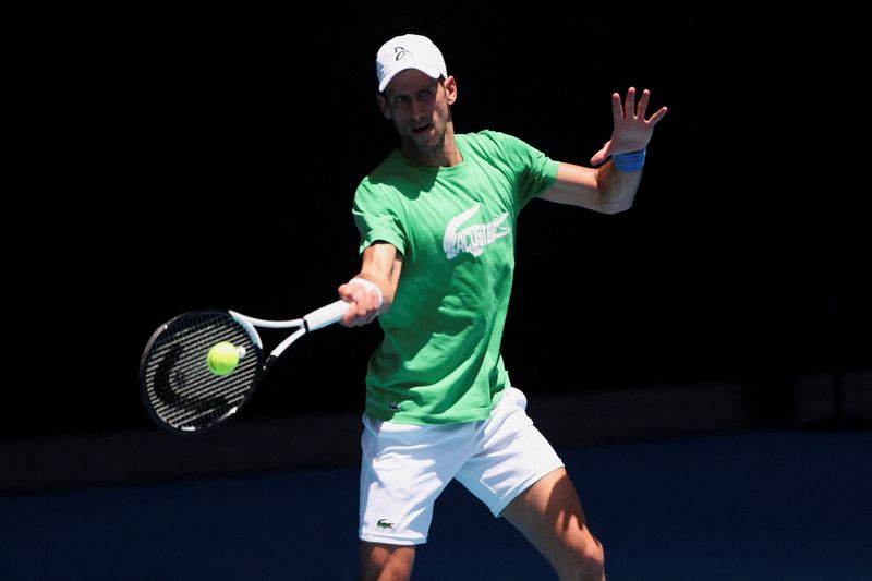 Serbian tennis player Novak Djokovic practices at Melbourne Park as