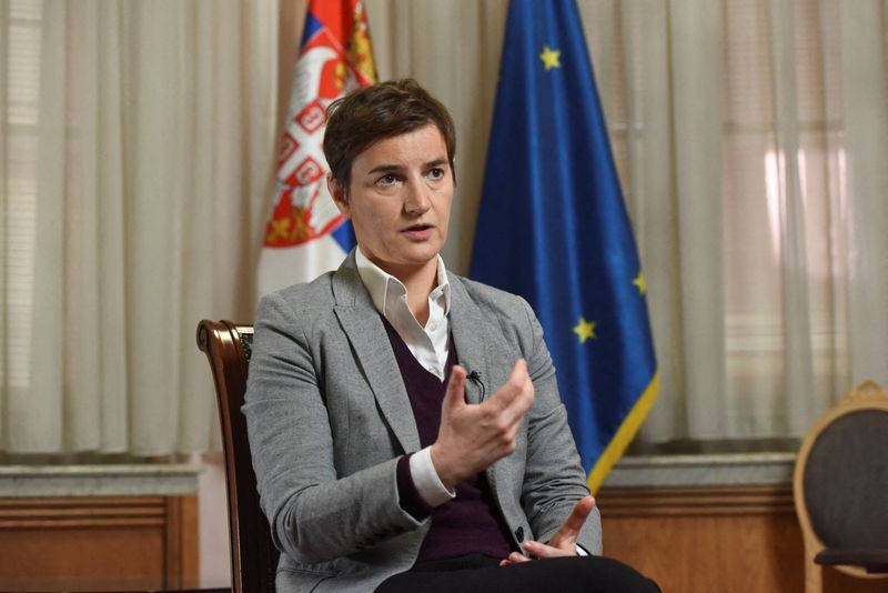 Serbian PM Ana Brnabic speaks during interview with Reuters, in
