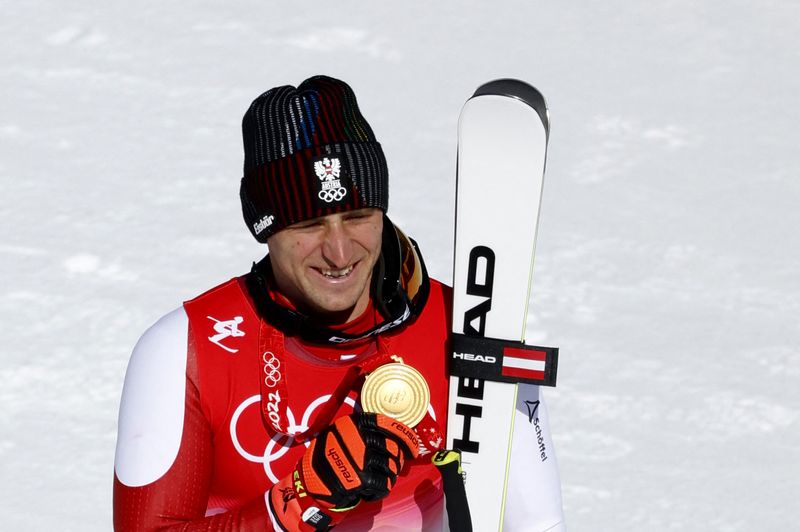 Victory Ceremony – Alpine Skiing – Men’s Super-G
