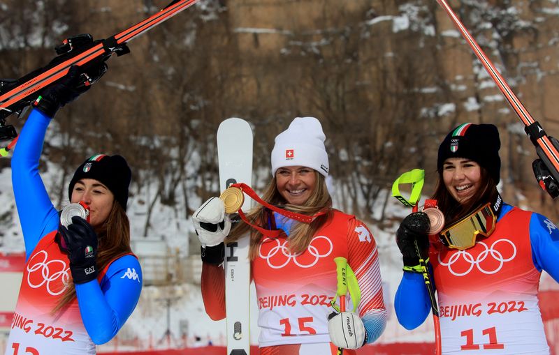 Victory Ceremony – Alpine Skiing – Women’s Downhill