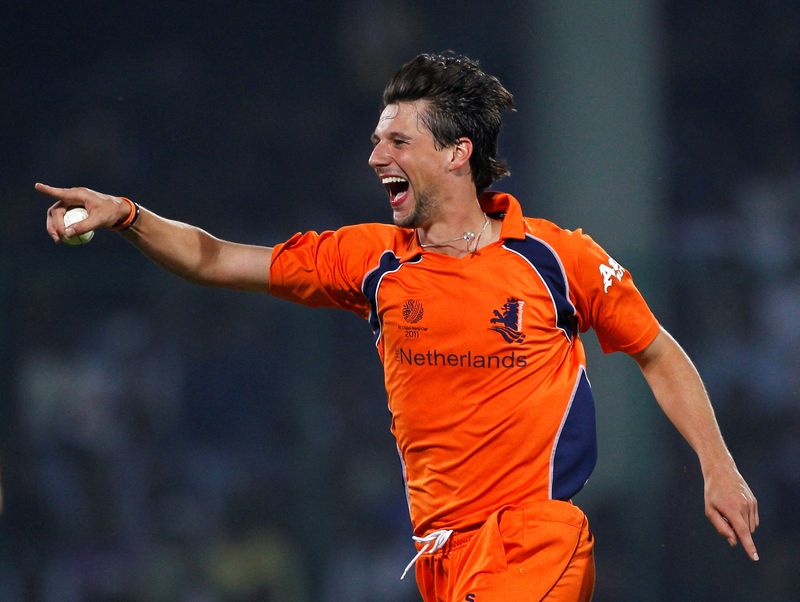 FILE PHOTO: The Netherlands’ Pieter Seelaar celebrates taking the wicket