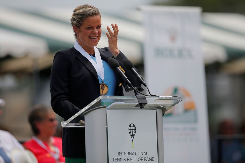 Kim Clijsters of Belgium speaks as she is inducted into