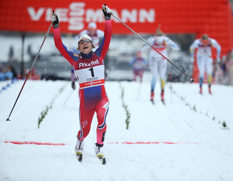 FILE PHOTO: Maiken Caspersen Falla of Norway celebrates after winning