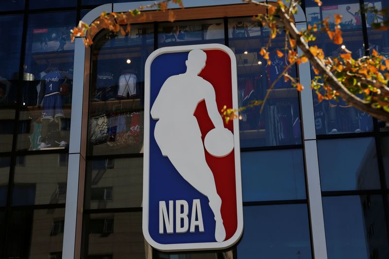 NBA logo is seen on the facade of its flagship