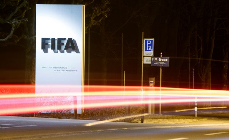 A long exposure shows FIFA’s logo near its headquarters in
