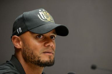 FILE PHOTO: Vincent Kompany speaks to the media, in Brussels