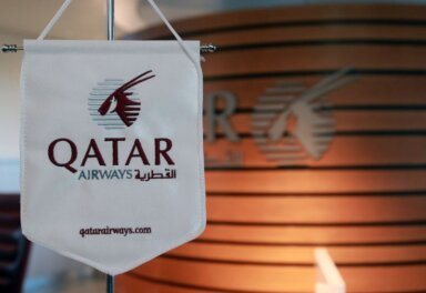 A logo of Qatar Airways is seen at Hamad International