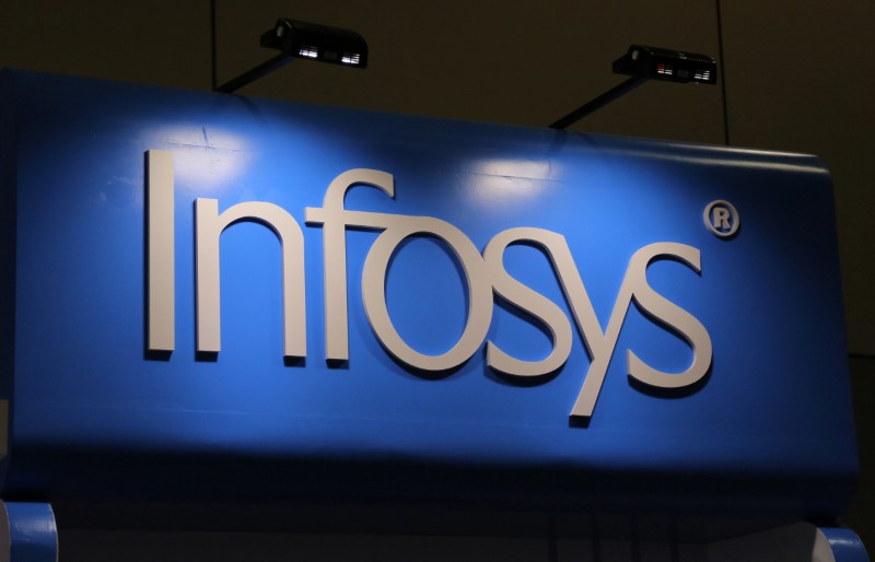 The Infosys logo is seen at the SIBOS banking and