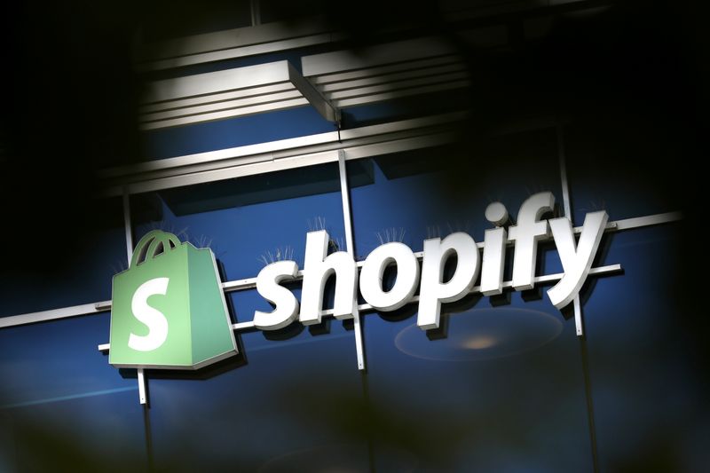 The logo of Shopify is seen outside its headquarters in