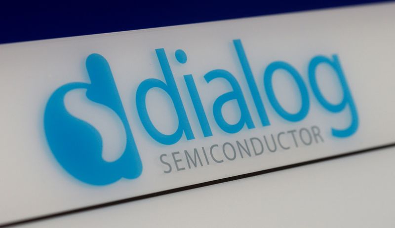 Dialog semiconductor logo is pictured at company building in Germering