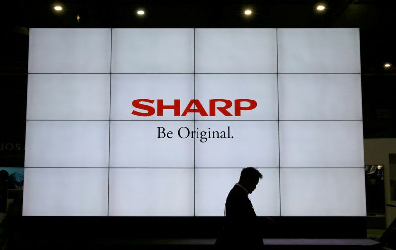 A logo of Sharp Corp is pictured at the CEATEC