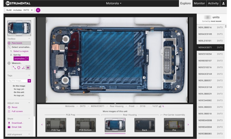 Screen shot of partially assembled Motorola mobile phones from a