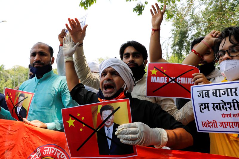 FILE PHOTO: Activists from Swadeshi Jagran Manch protest against China,