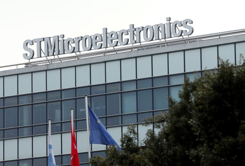 A logo is pictured on the factory of STMicroelectronics in