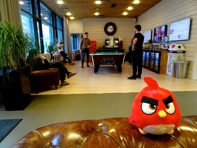 An Angry Birds game character is seen at the Rovio