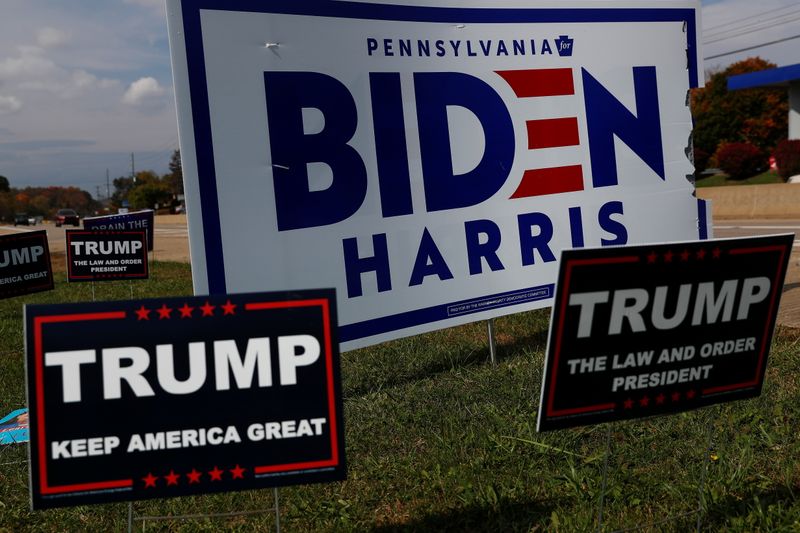 Campaign signs for U.S. Democratic presidential candidate Joe Biden and