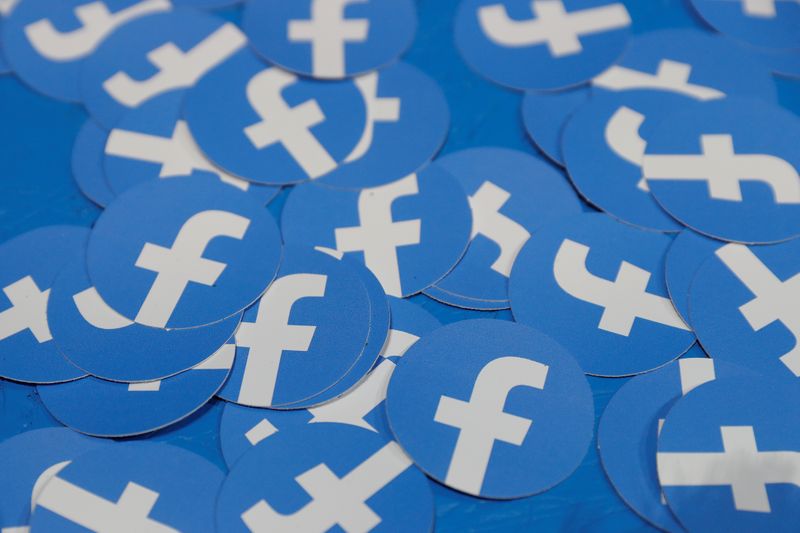 Stickers bearing the Facebook logo are pictured at Facebook Inc’s