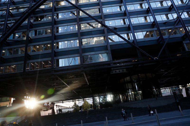The sun is reflected off the windows of headquarter of