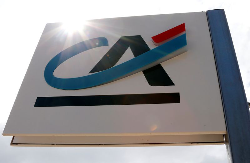 A logo of Credit Agricole is seen outside a bank