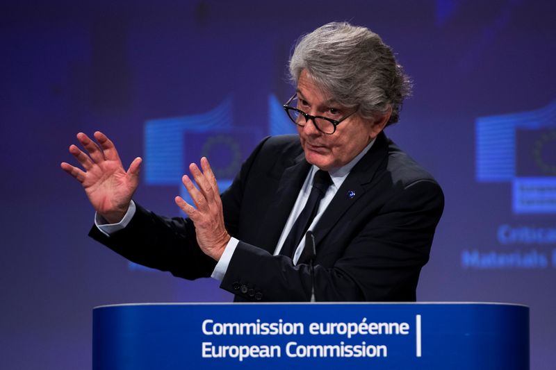 European Union Internal Market Commissioner Thierry Breton talks to journalists