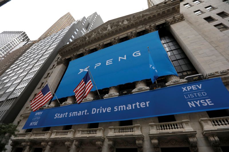FILE PHOTO: Banner announcing XPeng Inc. at New York Stock