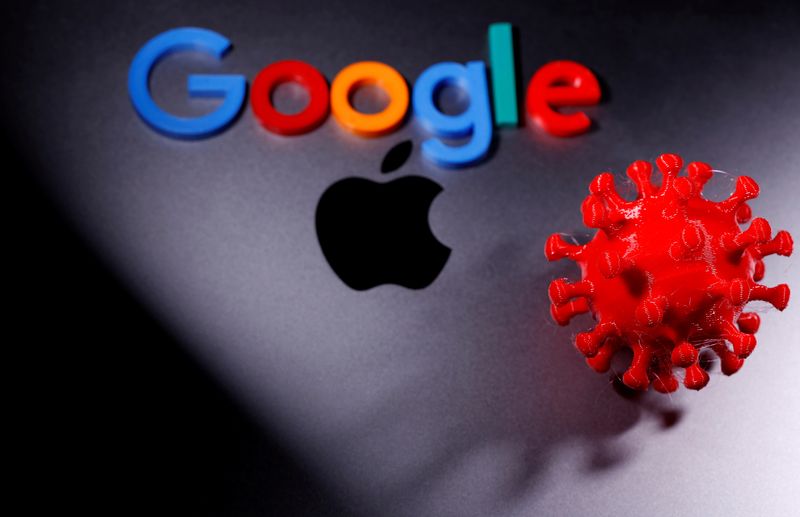 FILE PHOTO: 3D printed coronavirus model and Google logo