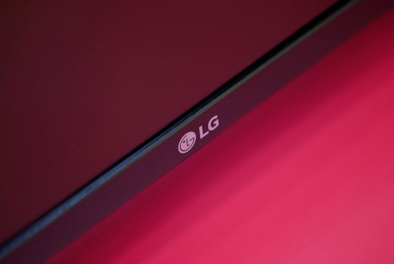 An LG Electronics’ logo is pictured on a TV displayed