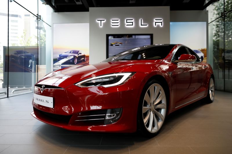 A Tesla Model S electric car is seen at its