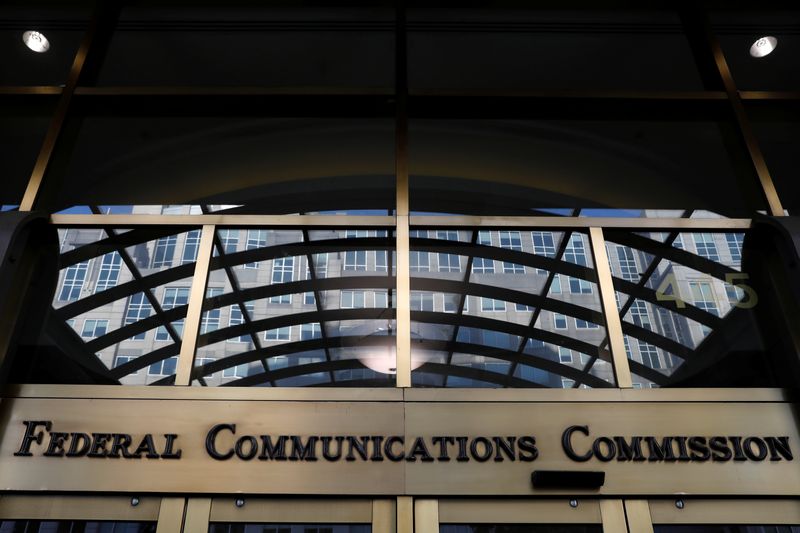 Signage is seen at the headquarters of the Federal Communications