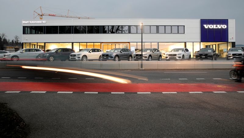 A long exposure picture shows cars of Swedish automobile manufacturer