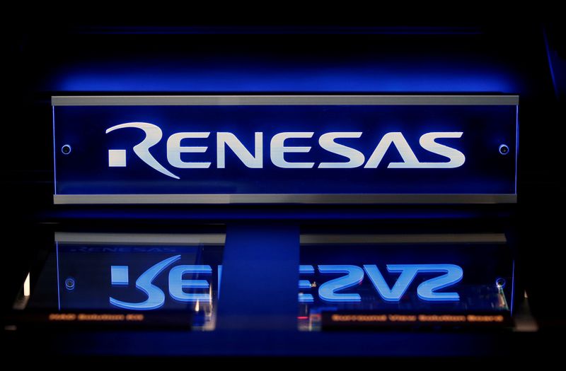 FILE PHOTO: Renesas Electronics Corp’s logo is seen on its