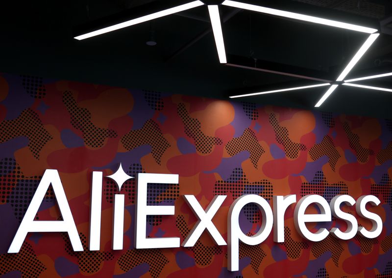 The logo of AliExpress is seen inside the company’s office