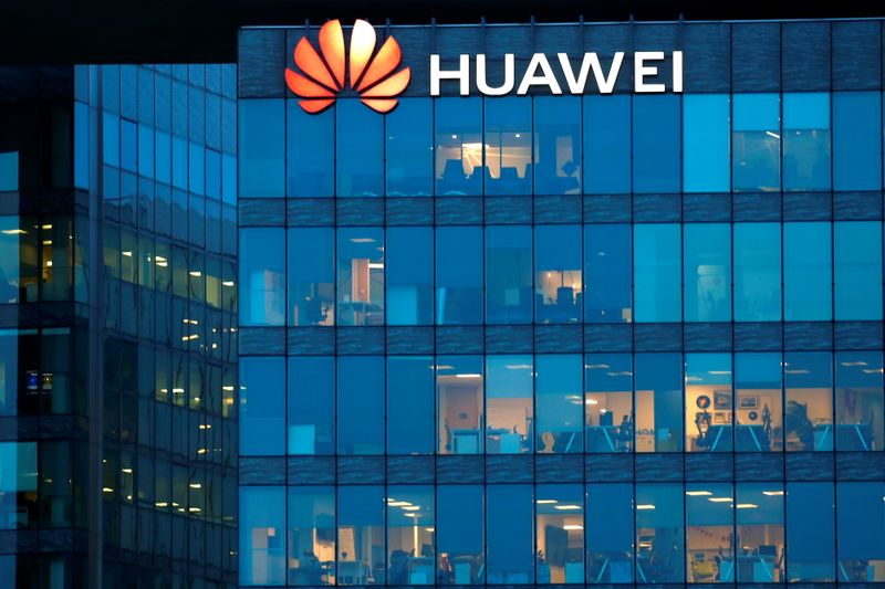 Huawei logo at Huawei Technologies France in Boulogne-Billancourt