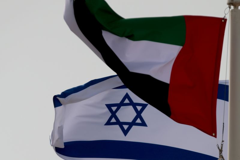 FILE PHOTO: Emirati and Israeli flags fly upon the arrival