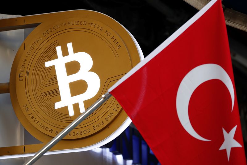 FILE PHOTO: A bitcoin logo is seen next to Turkish